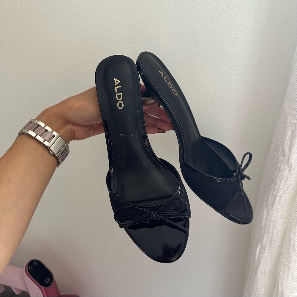 Aldo Black Mules with Bow Detail kitten heels